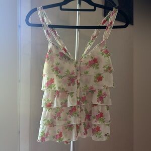 Hollister Floral tiered Pink and Green top size XSMALL